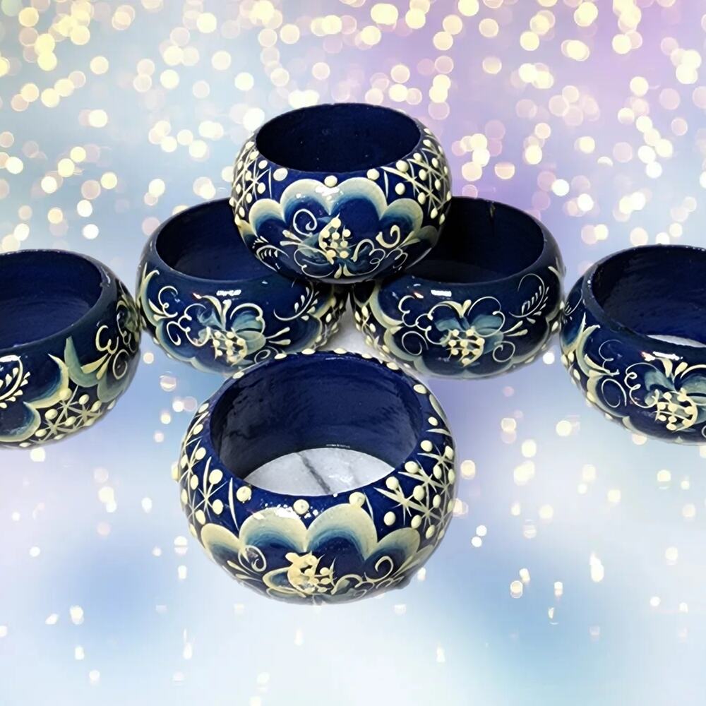 Set of 6 Hand-Painted Wooden Napkin Rings | Russian Folk Art | Gzhel Style Decor
